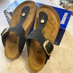 Birkenstock New Gizeh Big Buckle Black Nubuck Leather Size 38